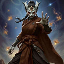 A powerful female Githyanki monk standing confidently in a dynamic martial arts pose