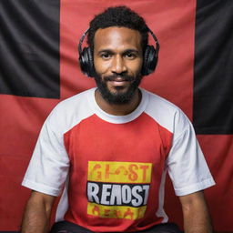 A charismatic DJ wearing a shirt embossed with the words 'Ghost Remix' and the backdrop featuring a vibrant Papua New Guinea flag.