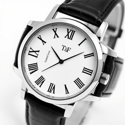 A black and white wristwatch with Roman numerals