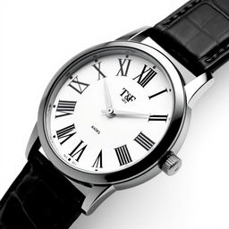 A black and white wristwatch with Roman numerals