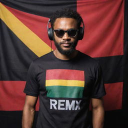 A charismatic DJ wearing a shirt embossed with the words 'Ghost Remix' and the backdrop featuring a vibrant Papua New Guinea flag.