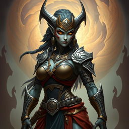 A striking female Githyanki warrior standing poised and ready for battle