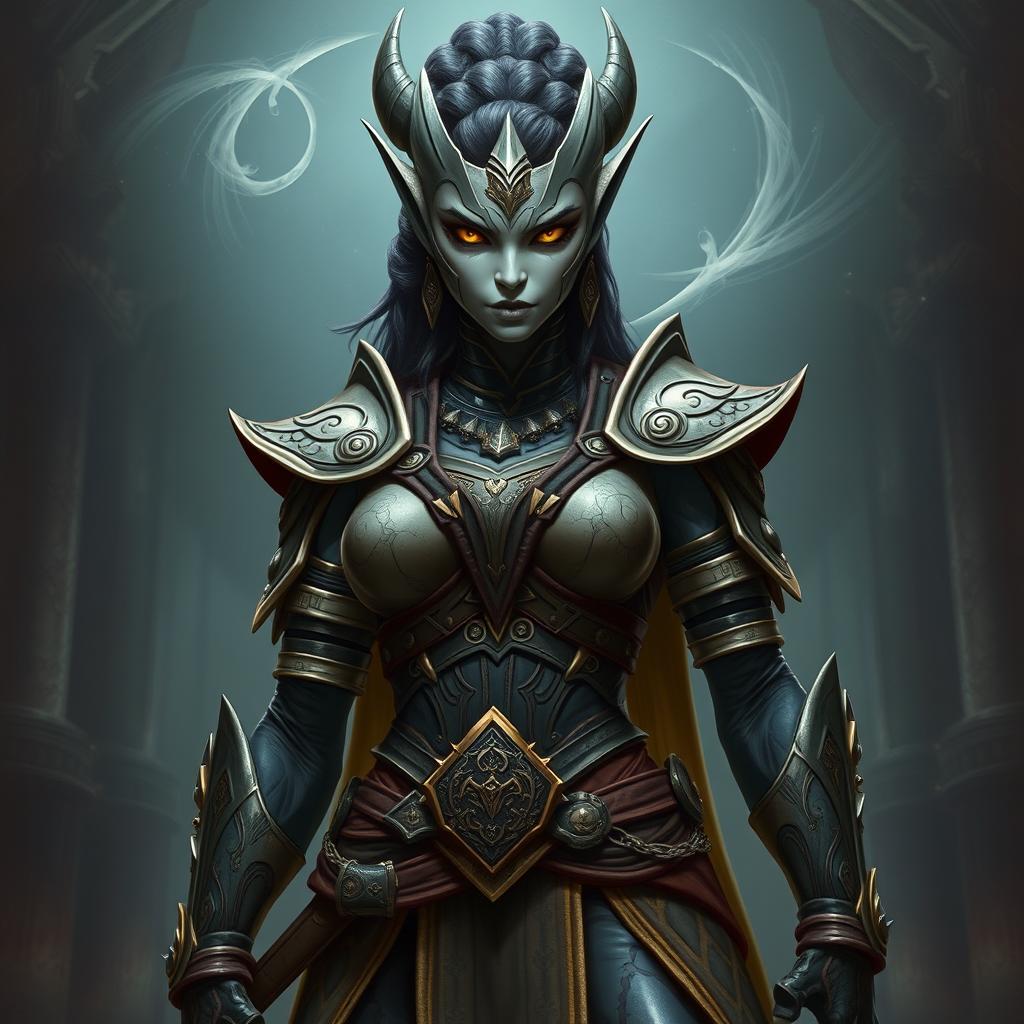 A striking female Githyanki warrior standing poised and ready for battle