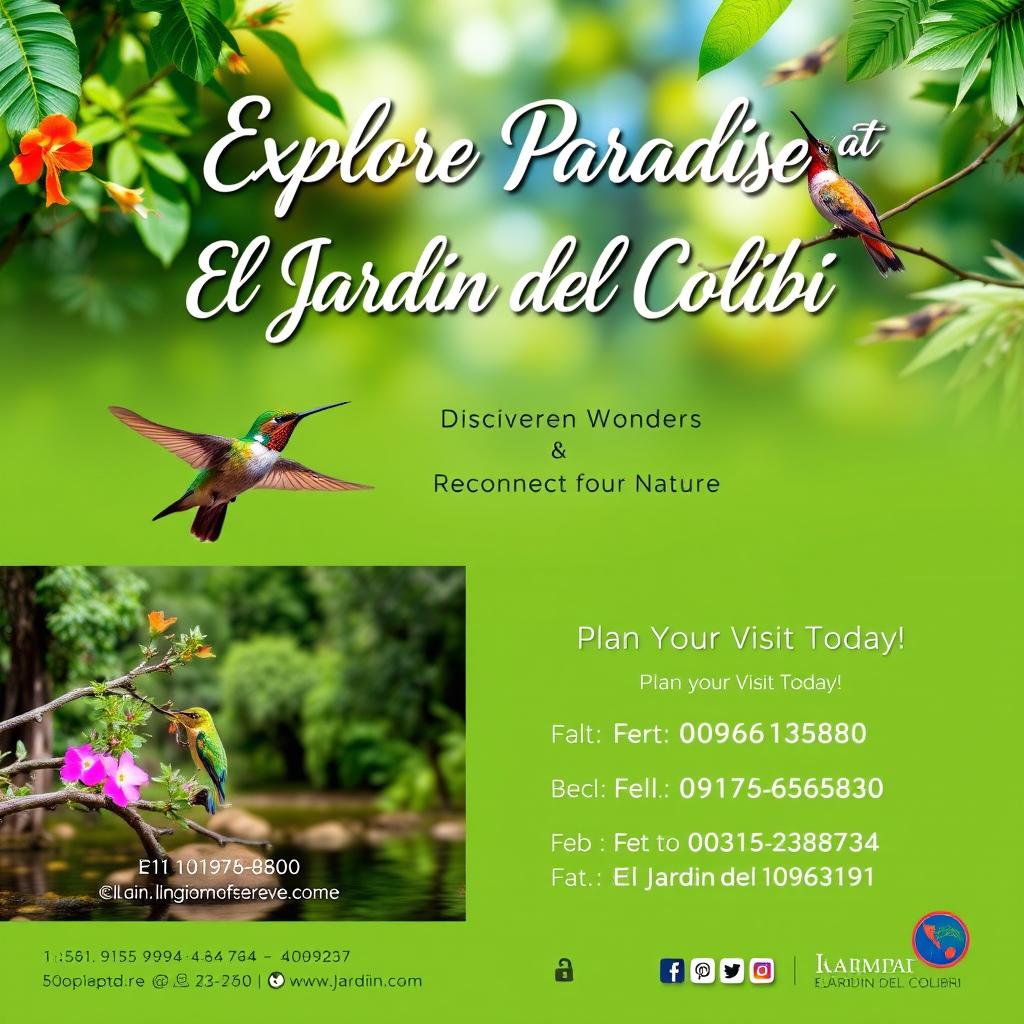 Promotional poster for "El Jardín del Colibrí" nature reserve