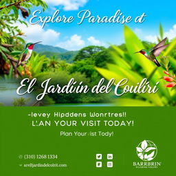 Promotional poster for "El Jardín del Colibrí" nature reserve