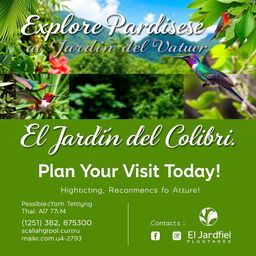 Promotional poster for "El Jardín del Colibrí" nature reserve