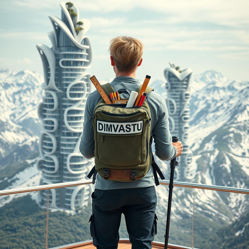 A young architect with light-colored hair stands full-length on an observation deck, facing away