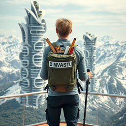 A young architect with light-colored hair stands full-length on an observation deck, facing away