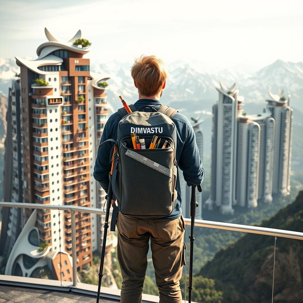 A young architect with light-colored hair stands full-length on an observation deck, facing away