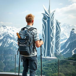 A young architect with light-colored hair stands full-length on an observation deck, facing away