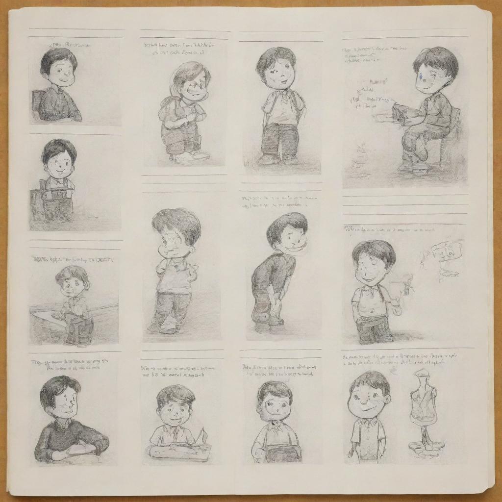 Revise the four-page comic strip of the school boy to have a hand-drawn and sketched appearance as if created on paper, with pencil marks and erasure smudges for an authentic, homemade feel.