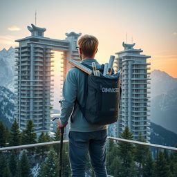 A young architect with light-colored hair stands full-length on an observation deck, facing away