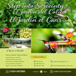 Promotional poster for "El Jardín del Colibrí" nature reserve