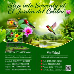 Promotional poster for "El Jardín del Colibrí" nature reserve