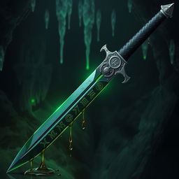 An incredibly detailed and realistic sword, appearing legendary, with venom dripping from its blade