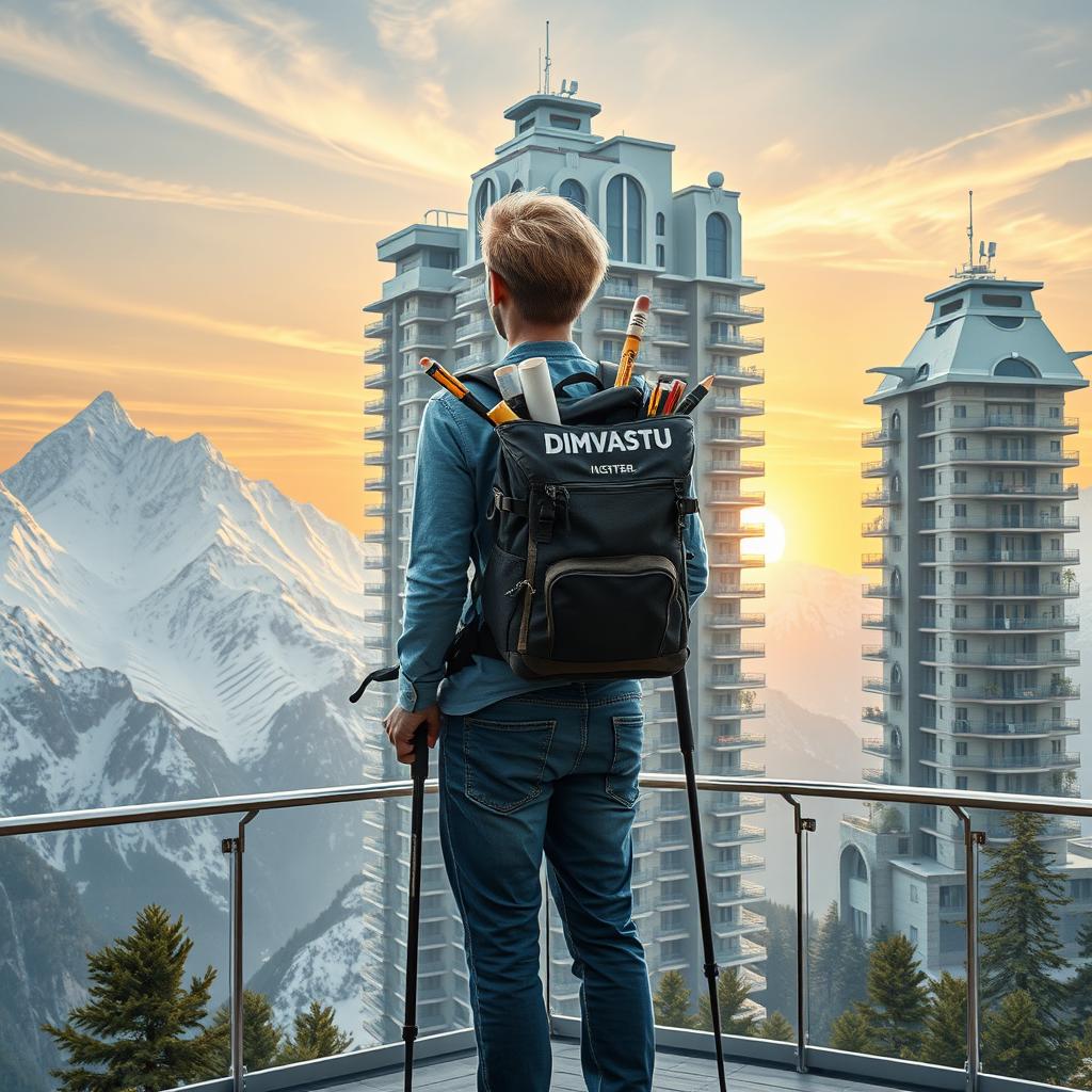 A young architect with light-colored hair stands full-length on an observation deck, facing away