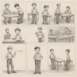 Revise the four-page comic strip of the school boy to have a hand-drawn and sketched appearance as if created on paper, with pencil marks and erasure smudges for an authentic, homemade feel.