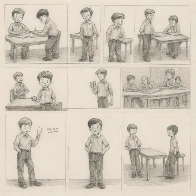 Revise the four-page comic strip of the school boy to have a hand-drawn and sketched appearance as if created on paper, with pencil marks and erasure smudges for an authentic, homemade feel.