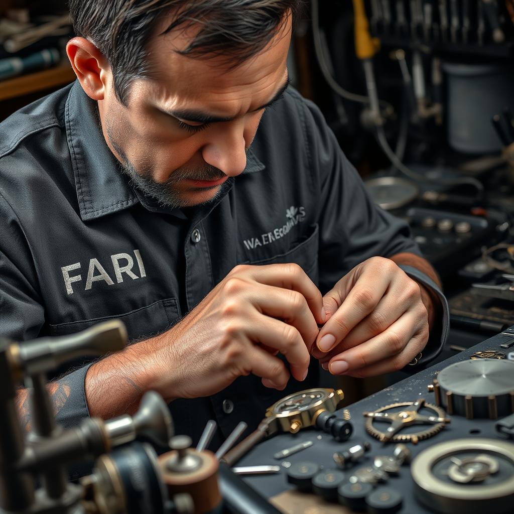 A skilled watchmaker, wearing a shirt with the name 'FARID' embroidered on it, is meticulously crafting a watch