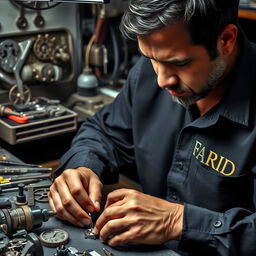 A skilled watchmaker, wearing a shirt with the name 'FARID' embroidered on it, is meticulously crafting a watch