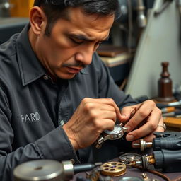 A skilled watchmaker, wearing a shirt with the name 'FARID' embroidered on it, is meticulously crafting a watch