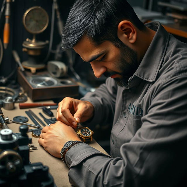 A skilled watchmaker, wearing a shirt with the name 'FARID' embroidered on it, is meticulously crafting a watch