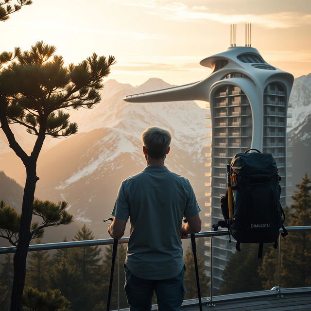 A young architect with light-colored hair stands full-length on an observation deck, facing away, beneath the silhouette of a dark tree in the foreground