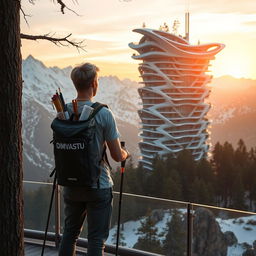 A young architect with light-colored hair stands full-length on an observation deck, facing away, beneath the silhouette of a dark tree in the foreground