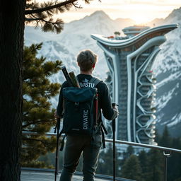 A young architect with light-colored hair stands full-length on an observation deck, facing away, beneath the silhouette of a dark tree in the foreground