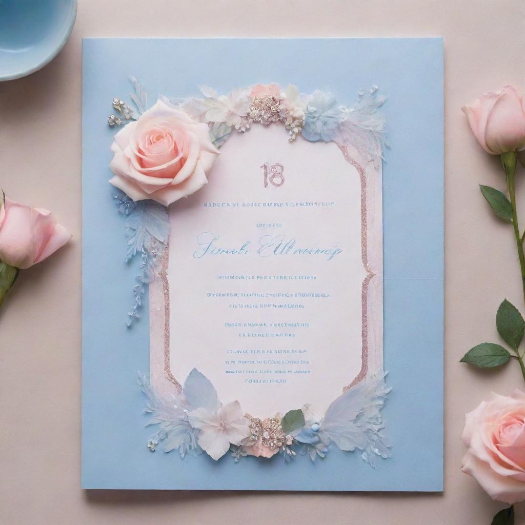 Ethereal 18th birthday invitation imbued with rose quartz and serenity colors, now adorned with additional floral designs and diamond accents.