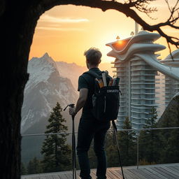 A young architect with light-colored hair stands full-length on an observation deck, facing away, beneath the silhouette of a dark tree in the foreground