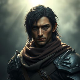 A mystical warrior portrait featuring a 25-year-old character with black half-length hair and a serious, determined, yet sorrowful expression