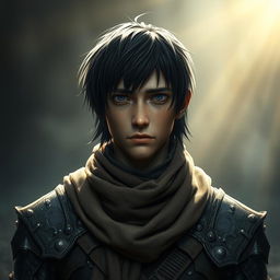 A mystical warrior portrait featuring a 25-year-old character with black half-length hair and a serious, determined, yet sorrowful expression