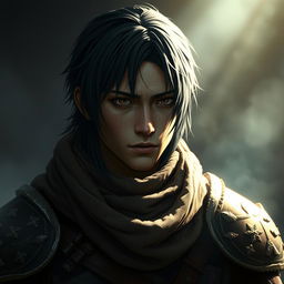 A mystical warrior portrait featuring a 25-year-old character with black half-length hair and a serious, determined, yet sorrowful expression