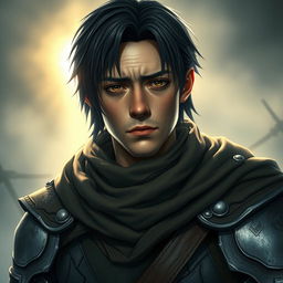 A mystical warrior portrait featuring a 25-year-old character with black half-length hair and a serious, determined, yet sorrowful expression