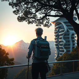 A young architect with light-colored hair stands full-length on an observation deck, facing away, beneath a silhouetted tree with dense foliage in the foreground