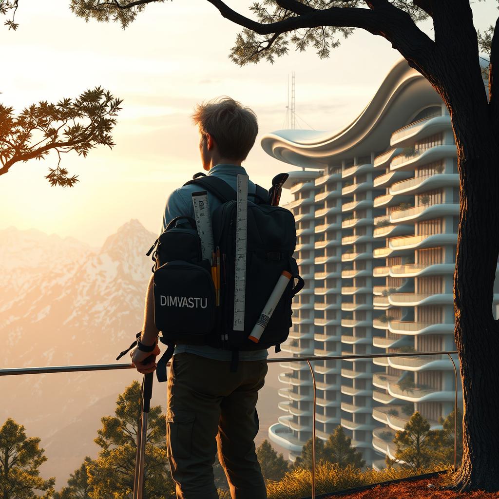 A young architect with light-colored hair stands full-length on an observation deck, facing away, beneath a silhouetted tree with dense foliage in the foreground