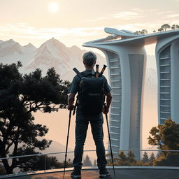 A young architect with light-colored hair stands full-length on an observation deck, facing away, beneath a silhouetted tree with dense foliage in the foreground