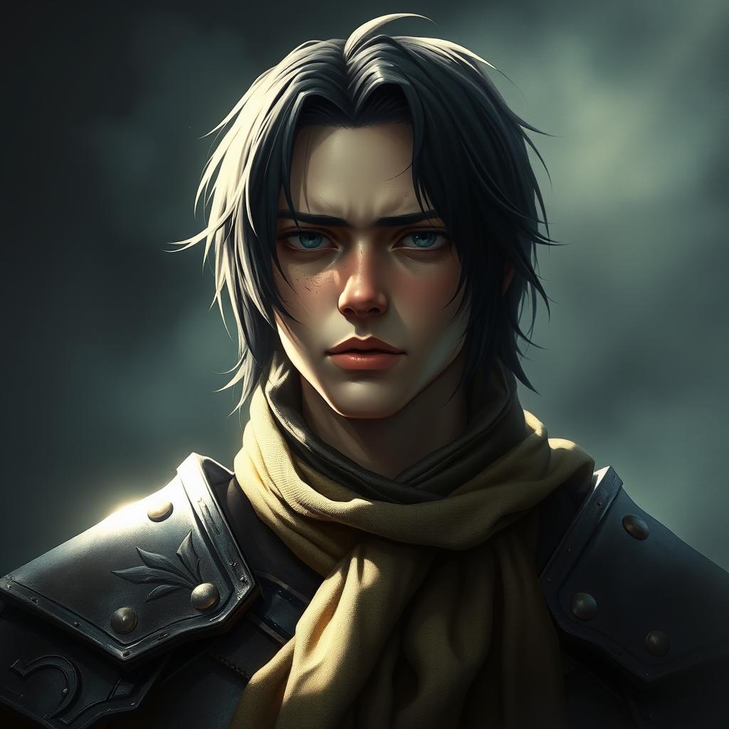 A mystical warrior portrait depicting a 25-year-old character with black half-length hair