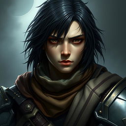 A mystical warrior portrait depicting a 25-year-old character with black half-length hair