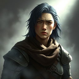 A mystical warrior portrait depicting a 25-year-old character with black half-length hair