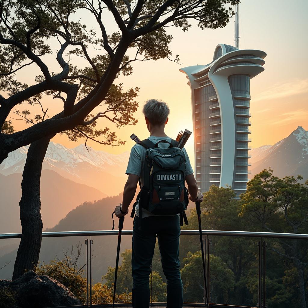 A young architect with light-colored hair stands full-length on an observation deck, facing away, under a silhouetted tree with dense foliage in the foreground