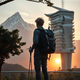 A young architect with light-colored hair stands full-length on an observation deck, facing away, under a silhouetted tree with dense foliage in the foreground