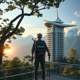 A young architect with light-colored hair stands full-length on an observation deck, facing away, under a silhouetted tree with dense foliage in the foreground