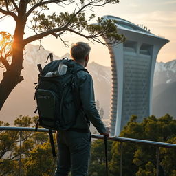 A young architect with light-colored hair stands full-length on an observation deck, facing away, under a silhouetted tree with dense foliage in the foreground