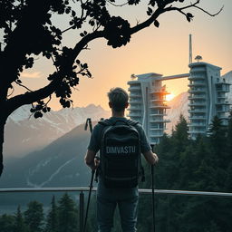 A young architect with light-colored hair stands on an observation deck, facing away, beneath a silhouetted dark tree in the foreground with dense foliage and large flowers