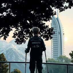 A young architect with light-colored hair stands on an observation deck, facing away, beneath a silhouetted dark tree in the foreground with dense foliage and large flowers