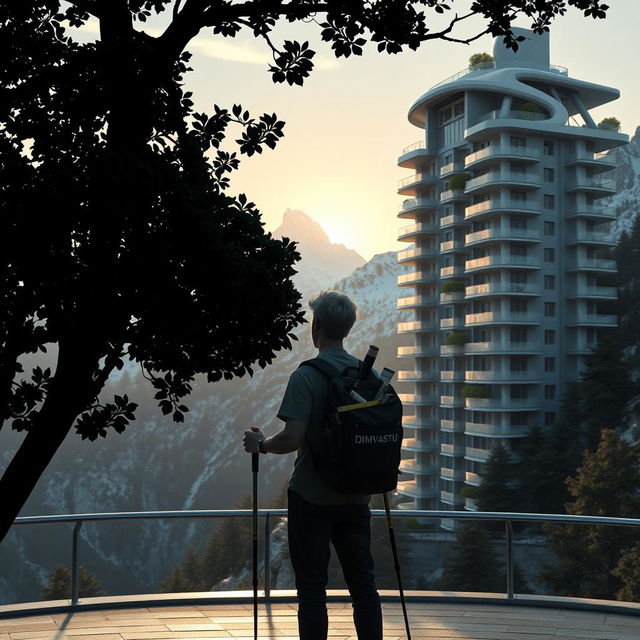 A young architect with light-colored hair stands on an observation deck, facing away, beneath a silhouetted dark tree in the foreground with dense foliage and large flowers