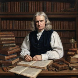 A detailed and realistic portrait of Sir Isaac Newton, sitting at a desk, engrossed in his scientific studies, surrounded by books and tools of his time. 