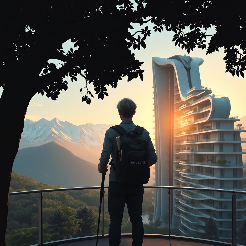 A young architect with light-colored hair stands on an observation deck, facing away, beneath a dark silhouetted tree in the foreground with dense foliage and large flowers